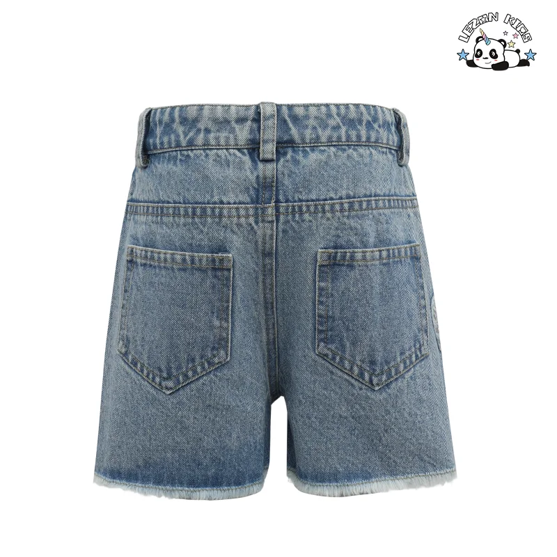 LEZONKIDS - Women's Cotton Denim Shorts Acid Wash Appliqued Distressed Design Raw Hem Y2K Vintage Style Baggy Fit Summer Casual Wear